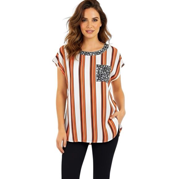 Porridge Women’s Blouse Sz Small Short Sleeve Striped Preppy Fall Autumn Retro - Picture 1 of 11